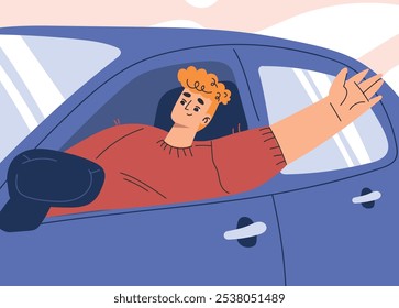 Personaje de hombre en la conducción de automóviles Disfrutar de la Ilustración vectorial de viaje por carretera