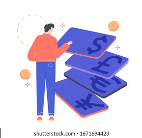 Man character and cards with different currencies, euro, dollar, pound, yuan. Bank deposits, finance, savings. Economics and currency exchange. Vector flat illustration.