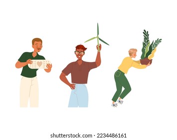 Man Character Caring about Planet with Wind Generator, Green Plants and Plaster as Saving Ecosystem Vector Set