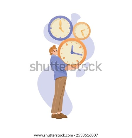 Man Character Carry Pile of Clock Dial Vector Illustration
