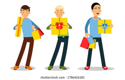 Man Character Carrying Bright Shopping Bags and Gift Boxes Vector Illustration Set