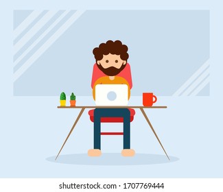 Man Character Cartoon Vector Design: A Man Is Working At Work Area, Laptop And Red Mug Of Hot Coffee On The Table.