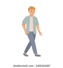 Man Character in Casual Jeans and Shirt Walking Moving Legs and Arms Vector Illustration
