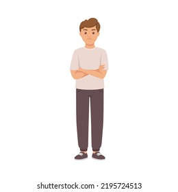 Man Character In Casual Pants Standing With Folded Arms And Sad Grimace Vector Illustration