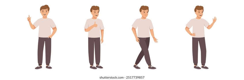 Personagem Man em Casual Desgaste de pé com gesto diferente e Emotion Vetor Ilustração Set