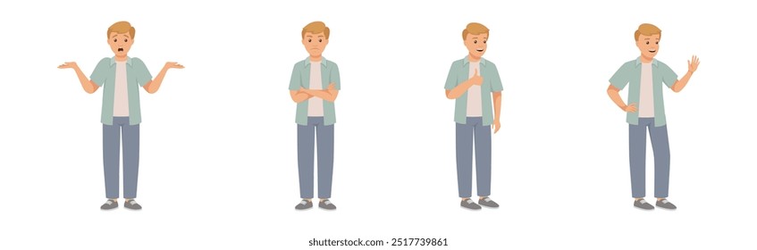 Personagem Man em Casual Desgaste de pé com gesto diferente e Emotion Vetor Ilustração Set