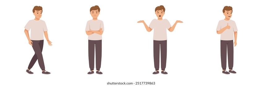 Personagem Man em Casual Desgaste de pé com gesto diferente e Emotion Vetor Ilustração Set