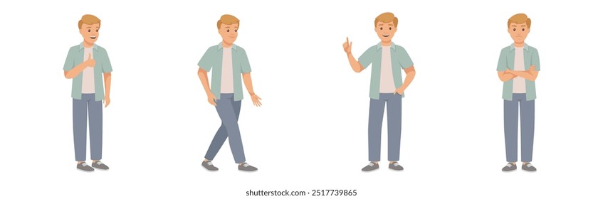 Personagem Man em Casual Desgaste de pé com gesto diferente e Emotion Vetor Ilustração Set