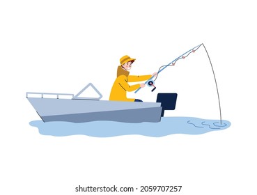 Man character catches fish from motor boat, cartoon flat vector illustration isolated on white background. Fisher boat with a fisherman throws a fish-rod into the river.