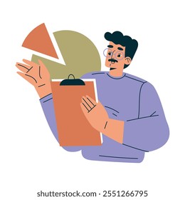 Caractere principal com gráfico e área de transferência como ilustração de vetor de membro de equipe produtiva