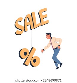 Man Character Chasing After Discount Percentage Sign on Hook Vector Illustration