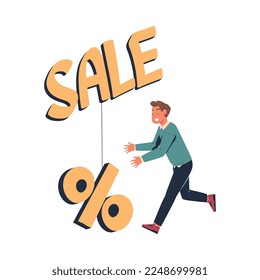 Man Character Chasing After Discount Percentage Sign on Hook Vector Illustration