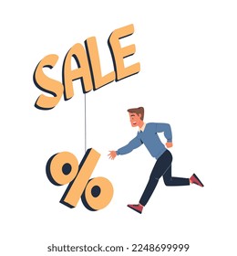Man Character Chasing After Discount Percentage Sign on Hook Vector Illustration