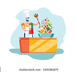 Man Character in Chef Toque and Apron Cooking Healthy Organic Food Isolated on White Background, Restaurant Staff, Social Media Blogger, Eco Nutrition Network Motion. Cartoon Flat Vector Illustration