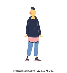 Man Character with Chick Animal Head Standing Wearing Jeans and Hoody Vector Illustration