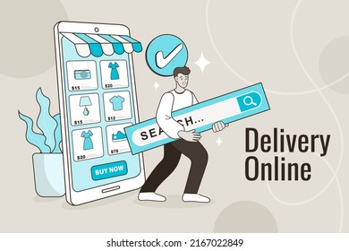 Man character chooses goods in online marketplace. shopper with smartphone. Monitor of tablet with shopping app or website, logistics worldwide. Vector e-commerce, buying goods by internet.