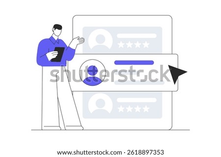 Man Character Choosing Best Candidate for Job. Recruitment Process. Human Resource Management and Hiring Concept. Flat Cartoon Vector Illustration, icon. Stylish abstract design landing page