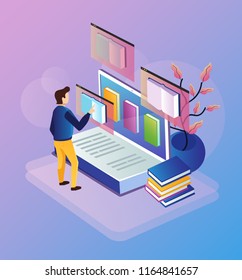 Man character choosing books on laptop pc. Online web library education documentation learning. Vector flat cartoon isolated concept banner illustration