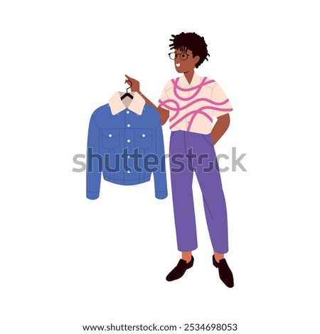Man Character Choosing Clothes at Shop or Fashion Store Holding Hanger with Jacket Vector Illustration