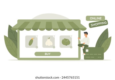 Man character choosing fresh vegetables from store. Online shopping service. Vector illustration in flat style
