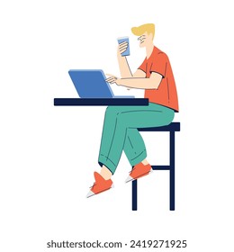 Man Character with Coffee Cup Sitting on Chair in Cafe with Laptop Enjoying Drink Vector Illustration