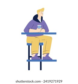 Man Character with Coffee Cup Sitting on Chair in Cafe Enjoying Drink Vector Illustration