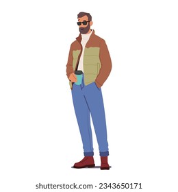 Man Character with Coffee Wears Cozy Layers, Like Turtleneck Shirt, Jacket, Paired With Jeans Or Chinos And Stylish Boots, To Embrace The Cool Weather Of Autumn. Cartoon People Vector Illustration