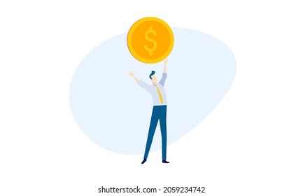 Man character with a coin Flat vector cartoon illustration. Design element for poster 
