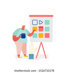 Man Character with Colorful Chart. Concept Training of Office Staff, Increase Sales and Skills, Team Building and Brainstorming. Analytics of Company Information. Vector illustration