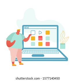 Man Character with Colorful Chart. Concept Training of Office Staff, Increase Sales and Skills, Team Building and Brainstorming. Analytics of Company Information. Vector illustration