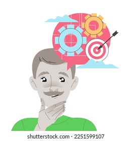 Man Character with Concrete Type of Thinking with Target and Arrow as Mindset Model in His Head Vector Illustration