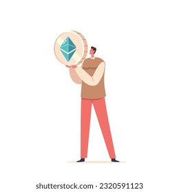 Man Character Confidently Holds Ethereum, A Popular Cryptocurrency, Symbolizing His Involvement In The Financial World