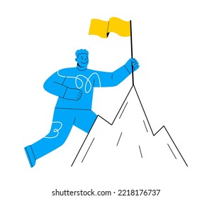 Man character conqueror achievement top point goal mountain. business concept. Colorful vector illustration
