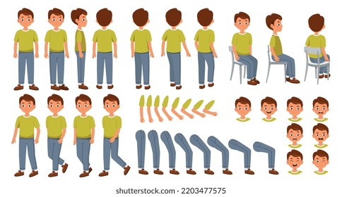 Man character constructor for animation. Set of different elements of arms, legs, faces, poses and emotions. Father, student, employee. Cartoon flat vector collection isolated on white background