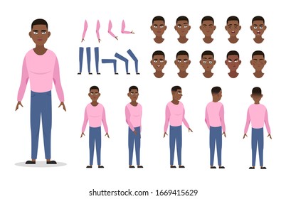 Man character constructor for animation with various views, poses, gestures, hairstyles and emotions. Cartoon African American man, male parts of body ready to use poses. Vector illustration