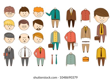 Man character constructor. Funny faces with various emotions. Bodies in different outfits. Flat vector