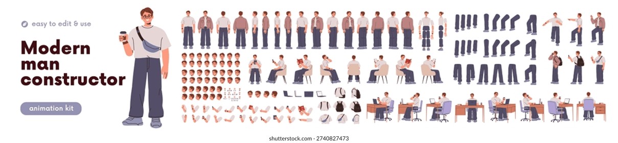 Man character constructor set. Male employee, body animation kit with face, arm, leg poses. Person in sitting, standing, walking positions. Flat vector illustration isolated on white background