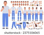 Man character constructor. A set of positions and views of the body, arms, legs, emotions for animation. Vector illustration in flat style