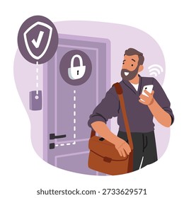 Man character controlling smart home security and keyless access and locking front door via smartphone app cartoon scene. Wi-Fi connectivity and home safety with simple tap vector illustration