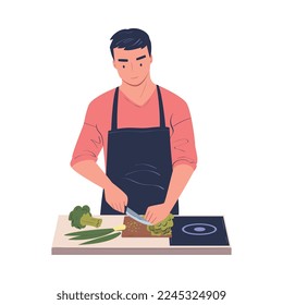 Man Character Cooking at Home Chopping Vegetables with Knife Standing at Table Vector Illustration