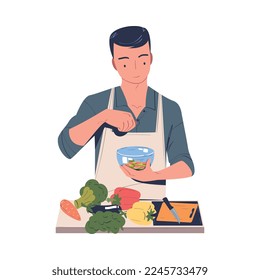 Man Character Cooking at Home Making Salad in Bowl Standing at Table Vector Illustration