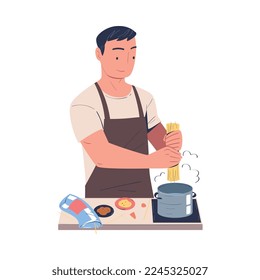 Man Character Cooking at Home Standing at Table Putting Pasta in Boiling Water Vector Illustration