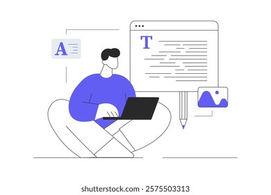 Man Character copywriter with article. Creating interesting content for websites and social networks. Social media blog, website. Flat Cartoon Vector Illustration, icon. Stylish abstract 