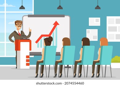 Man Character Coworker in Office Space Showing Presentation on Markerboard Vector Illustration