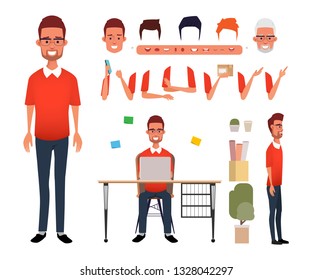 Man character creation for animation. Animated face emotion and mouth and hair. Set of businessman doing job.