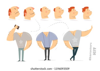 Man character creation set for animation. Guy acting using smartphone. Parts body template. Different emotions and poses. Vector illustration.