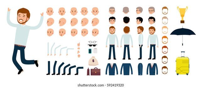 Man character creation set. The clerk, businessman, boss. Icons with different types of faces and hair style, emotions, front, rear side view of male person. Moving arms, legs Vector flat illustration