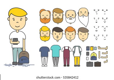 Man character creation set. Colorful linear vector icon with different types of faces, emotions, clothes, arms, object. Male person