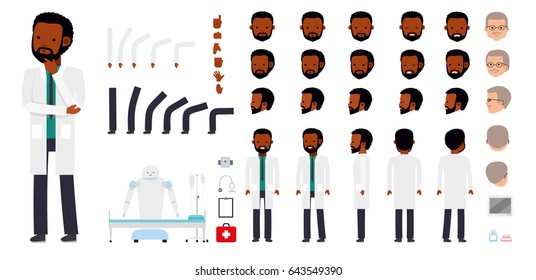 Man character creation set. The doctor, physician, medic, pediatrician. Icons with different types of faces and hair style, emotions, front, rear side. African American man. Vector flat illustration