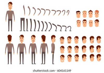 Man character creation set. Icons with different types of faces, emotions, clothes. Front, side, back view of male person. Moving arms, legs. Chair. Board. Flat and cartoon style. Vector illustration.